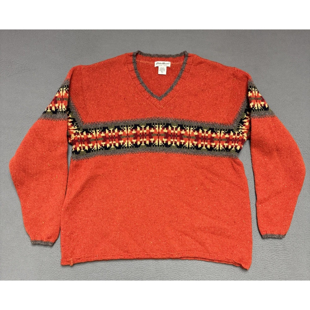 VTG Eddie Bauer Wool Blend Fair Isle Nordic V Neck Knit Sweater USA Mens L Tall